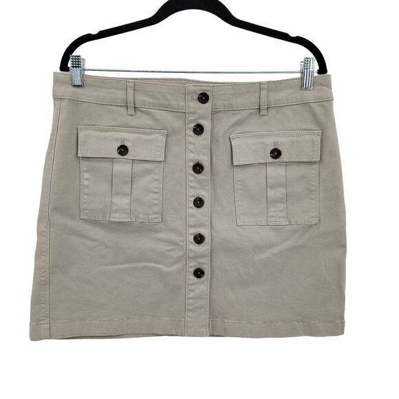 WHBM Mini Skirt 10 Tan Cotton Stretch Aline Button Front Cargo Safari Pockets - Picture 1 of 14